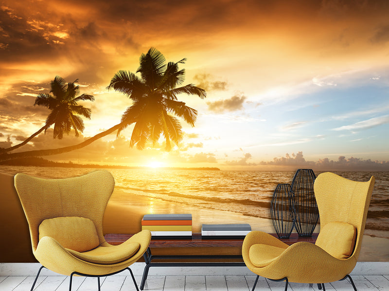 Vinyl Wallpaper Peel & Stick for Living Room or Bedroom – "Sunset on the Beach" Accent Wall Mural