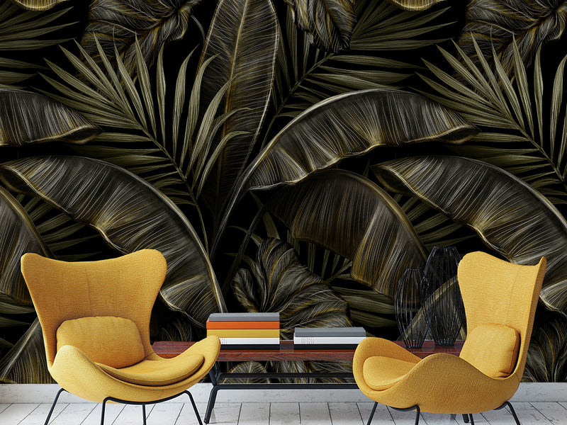 Floral Full-Wall Print Non-Woven Photo Wallpaper Tropical Design For Office Or Bedroom "Banana Leaves"