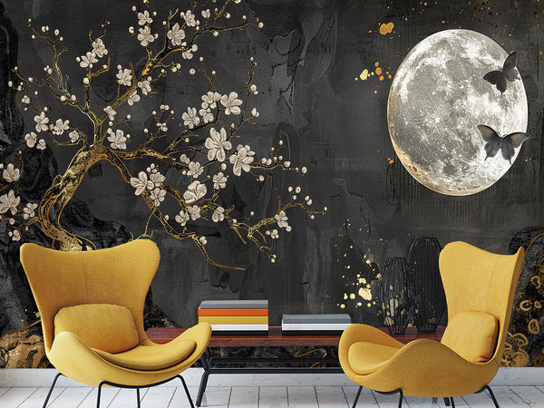 Non-Woven Mural Art Accent Wall For Bedroom, Lounge Area "Golden Plum Tree In Moonlit Night – Mural Background"