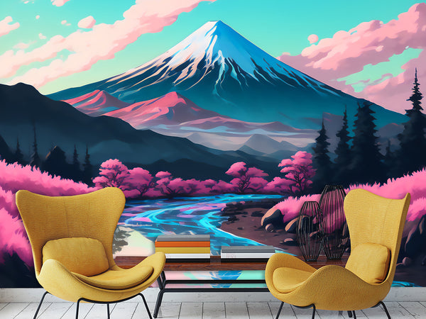 Artistic Design Vinyl Wallpaper Peel and Stick Wall Mural for Living Room, Office, Perfect for Creative Space "Mount Fuji in Anime Style" 🎨
