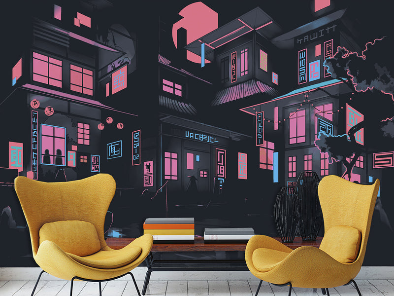 Neon City At Night – Modern Traditional Wall Mural For Interior Design 🌃
