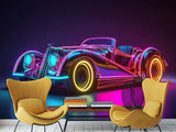 Self-Adhesive Wall Mural for Home Interior Peel and Stick Wallpaper Retro Car in Neon Lights Prant for Bedroom or Gym