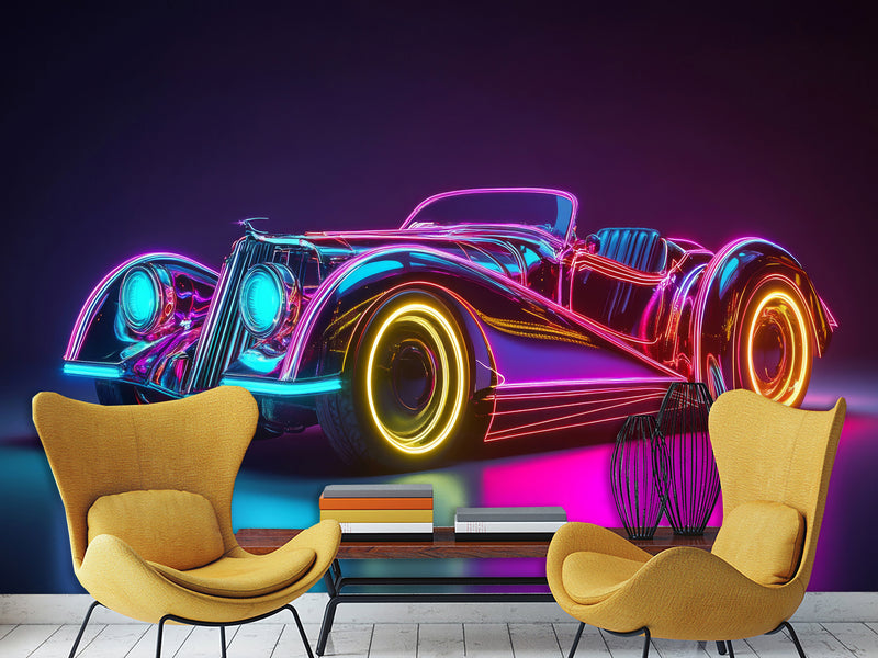 Self-Adhesive Wall Mural for Home Interior Peel and Stick Wallpaper Retro Car in Neon Lights Prant for Bedroom or Gym