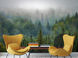 Peel and Stick 3d photo wallpaper Misty Forest Wallpaper – Foggy Woods Wall Mural for Nature-Inspired Interior Decor