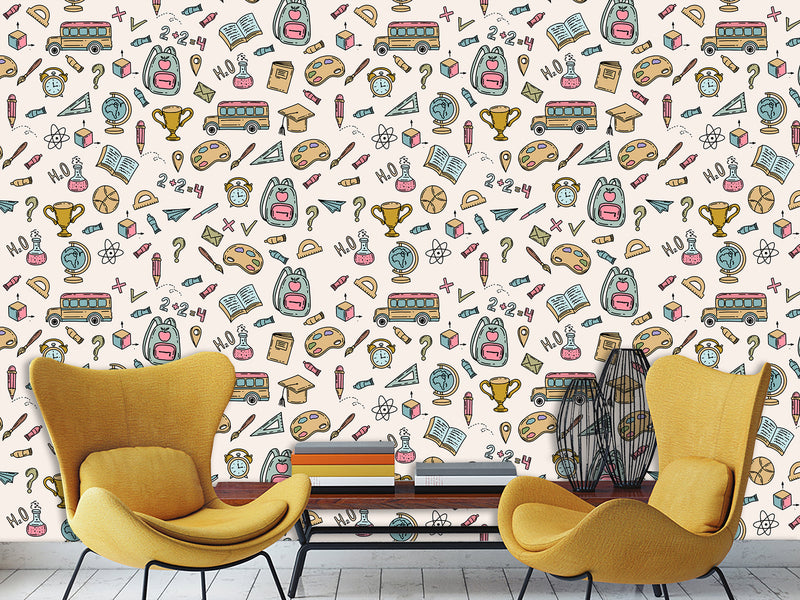 Modern Non-Woven Wallpaper — Educational School Wallpaper for Kids "Backpacks, Globes, and Books Print"