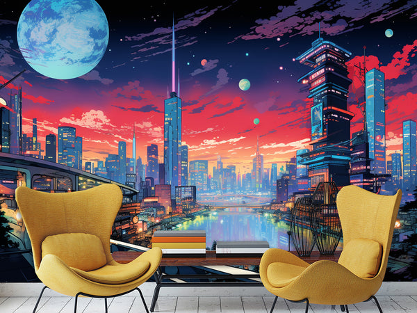 High-Quality Full-Wall Vinyl Wallpaper Peel and Stick for Office or Gym – "Cityscape Inspired by Anime", Modern Design Mural