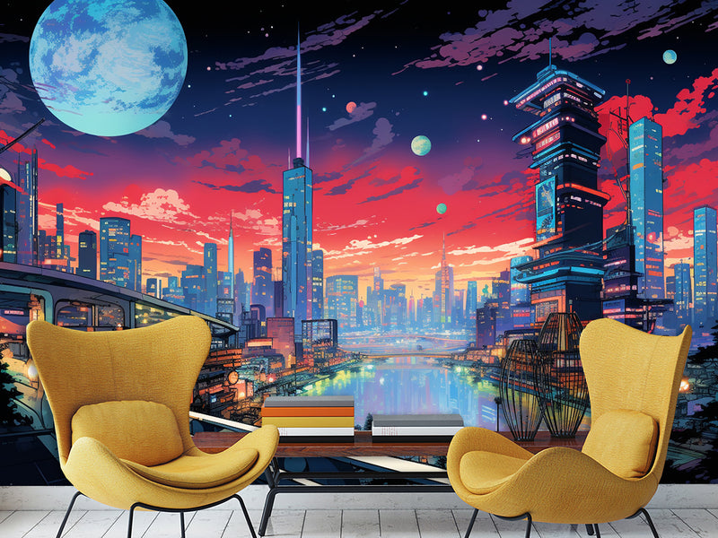 High-Quality Full-Wall Vinyl Wallpaper Peel and Stick for Office or Gym – "Cityscape Inspired by Anime", Modern Design Mural