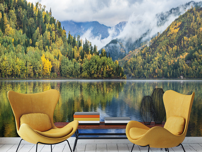 Stylish Modern Non-Woven Wallpaper 'Mountain Lake Serenity' – Wall Mural for Bedroom or Living Room