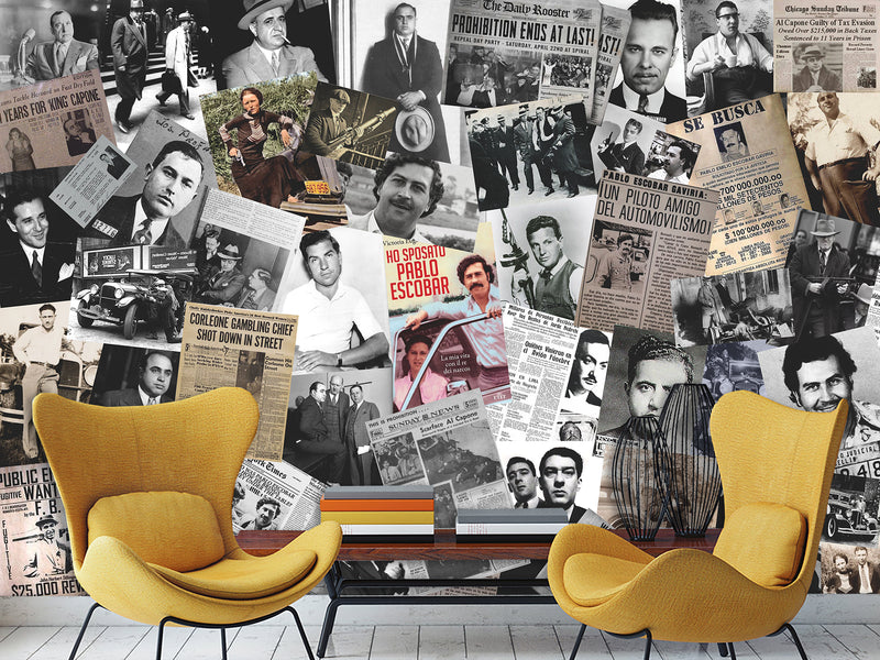 Traditional Mural Wallpaper for Gym, Office, or Lounge – "Gangster Poster Collage", Vintage Wallpaper Featuring Crime Bosses
