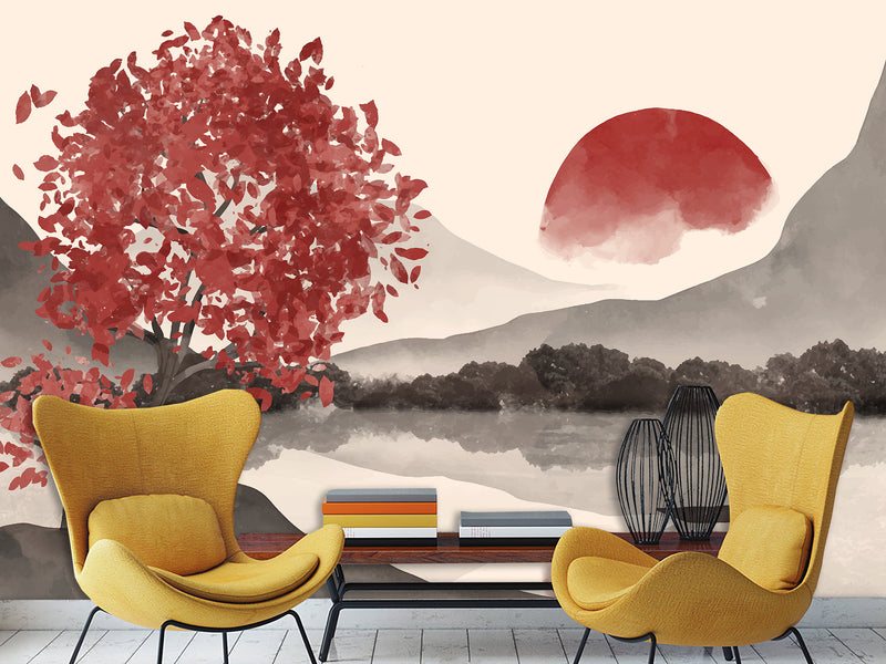 🌅"Watercolor Japanese Sumi-e Style With Minimalist Touch Self-Adhesive Wallpaper For Cozy Living Room, Bedroom, Home Gym "Japanese Sunset" 🌅