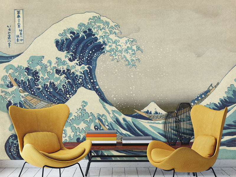 Non-Woven Full Wall Vintage Style Art Print Wallpaper, Japanese Style "The Great Wave Off Kanagawa"