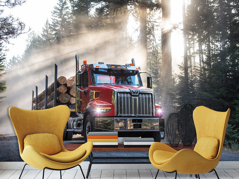 Self-Adhesive Vinyl Wall Mural – Massive Red Truck on the Road for Living Room, Gym, or Game Room Decor
