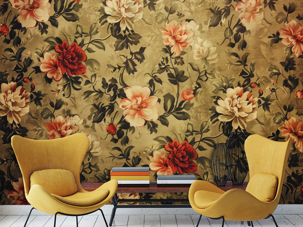 Non-Wowen Mural Full Wall Vintage Floral Composition Print – Classic Flower Arrangement Wall Art For Living Room Or Home Office