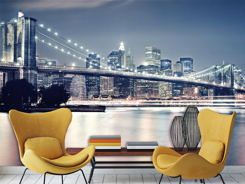 Traditional Wallpaper "Brooklyn bridge at night" New York city – Wall art Wall Mural for Bedroom Kitchen & Living Room