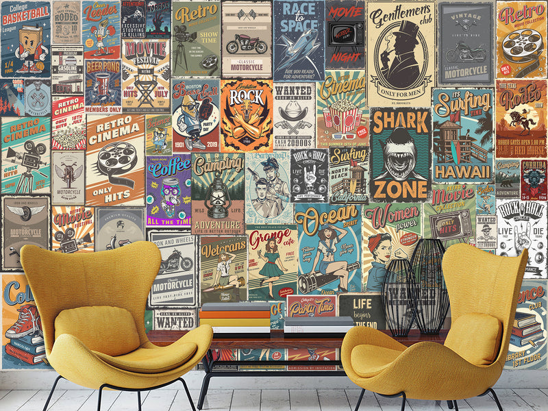 Wall mural Retro Poster Wallpaper – Vintage Ad Style Decor For Gym Or Recreation Room
