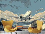Full Wall Traditional Wallpaper For Office, Home Workspace, Or Studio "Aircraft Flying In The Sky Over Mountains" Comic Style
