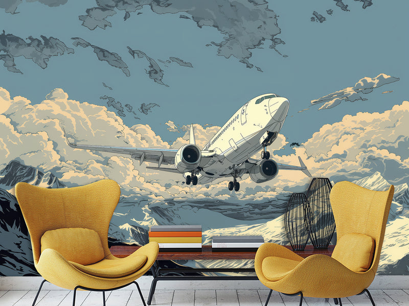 Full Wall Traditional Wallpaper For Office, Home Workspace, Or Studio "Aircraft Flying In The Sky Over Mountains" Comic Style