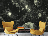 Vinyl Wallpaper Pell and  Stick Print For Living Room Or Bedroom, Full-Wall Design Mural “Cosmic Motion: Planets And Stars” — Perfect For An Accent Wall