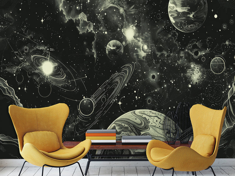 Vinyl Wallpaper Pell and  Stick Print For Living Room Or Bedroom, Full-Wall Design Mural “Cosmic Motion: Planets And Stars” — Perfect For An Accent Wall