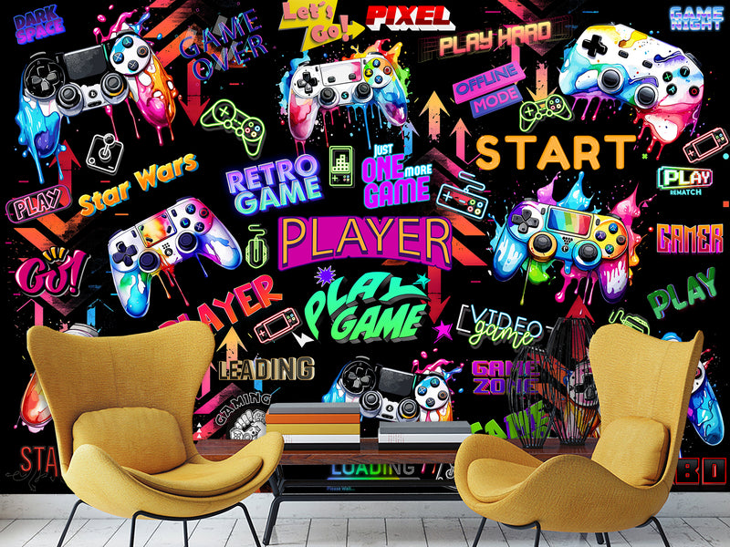 Modern Vibrant Vinyl Wallpaper Peel and Stick “Adrenaline of Victory” – Perfect for Video Game Lovers, Bedroom, Living Room, and Kids’ Room Desing