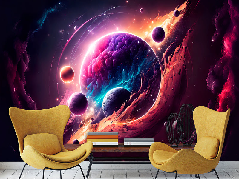 Self-Adhesive Vinyl Wallpaper Print for Office or Bedroom Planetary Dance in the Galaxy Peel & Stick Mural