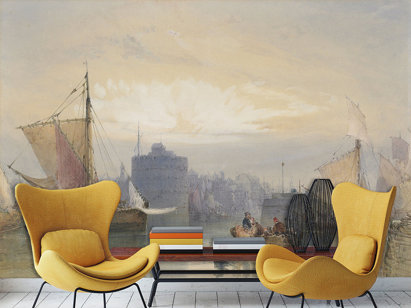 Self-Adhesive Wall Mural Full Wall Accent Wallpaper for Living Room or Bedroom Design "Fishing Boats Waiting for the Tide, Port of Havre"