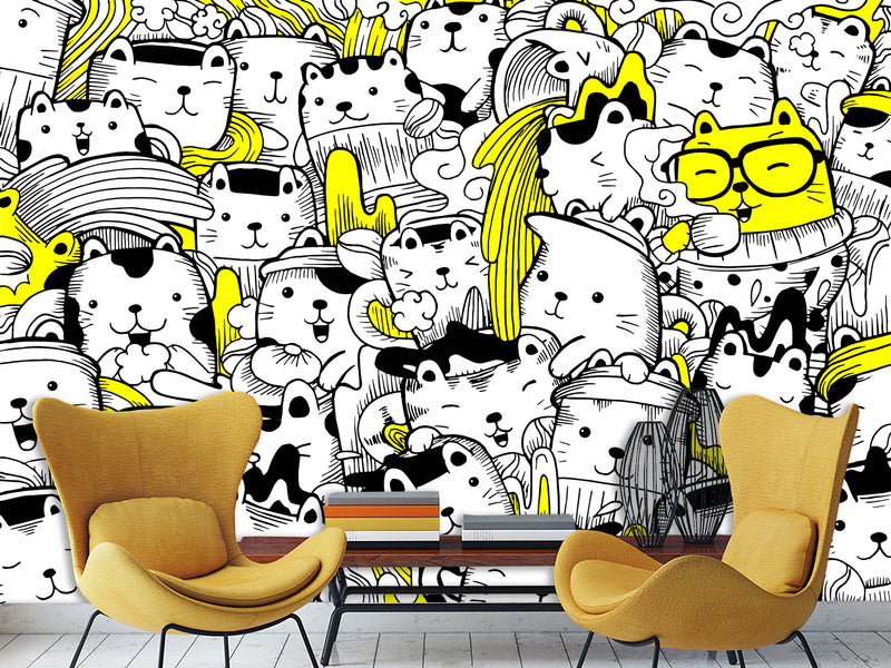 Peel & Stick Wall Mural for Office or Bedroom, Kids Room  – 'Busy Cats' Unique Wall Print