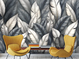 High-Quality Nature Print Self-Adhesive Wallpaper – Wall Print Mural for Bedroom, "Silver Leaves: A Play of Light and Shadow"