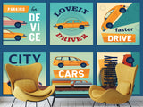 Non-Woven Photo Wallpaper Stylish Retro Car Collage for Office, Living Room, or Gym