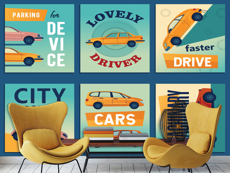 Non-Woven Photo Wallpaper Stylish Retro Car Collage for Office, Living Room, or Gym