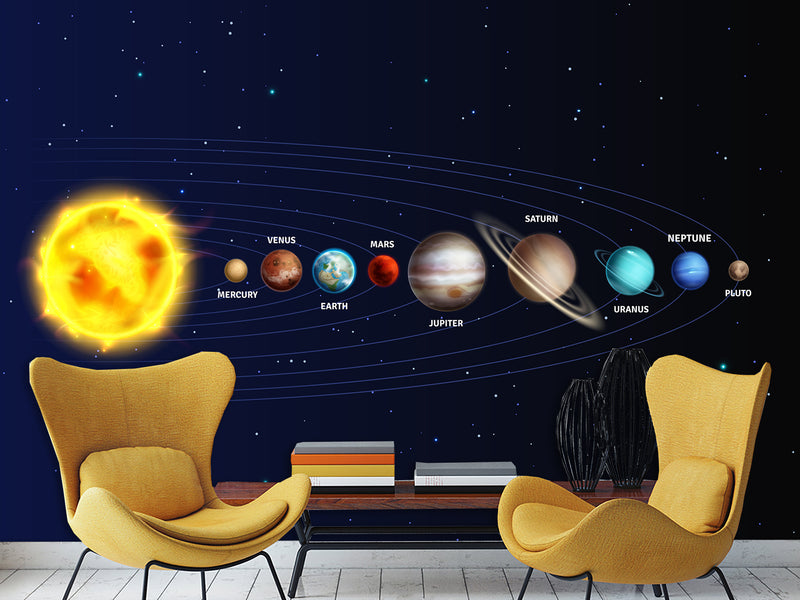 Traditional Wallpaper Mural – Solar System: From the Sun to Pluto – Full Wall Design for Office or Workspace