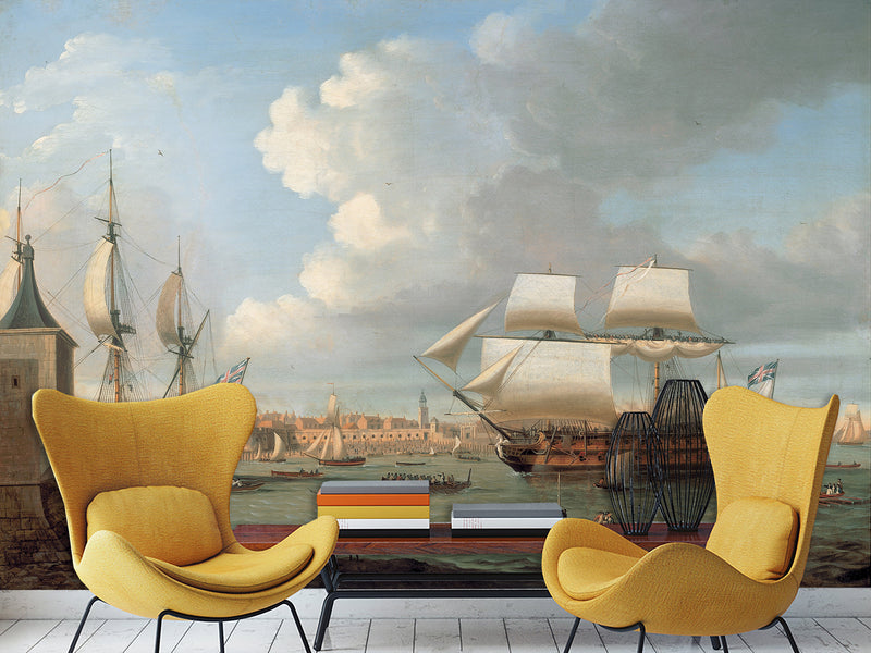Vintage High-Quality Self-Adhesive Wall Murals for Living Room, Bedroom, and Home Office, In-House Production, Vintage Style "Sailing Era Sea Port"