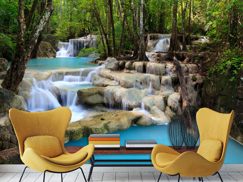Natural Print Self-Adhesive Wall Murals – Full Wall Design for Hotel, Bedroom, Living Room "Forest Waterfall"