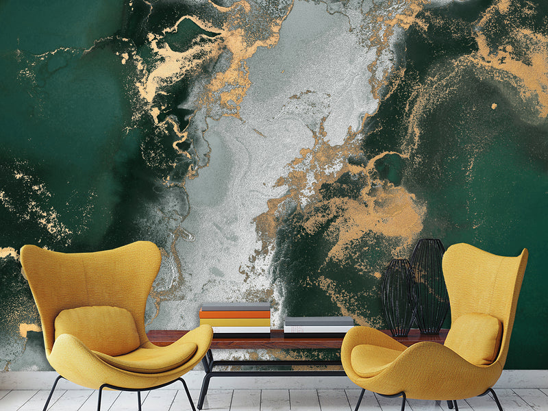 Art Print Accent Wall Self-Adhesive Wallpaper "Gray-Green Abstract Marble" – Decor for Bedroom, Living Room, Office