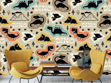 Dino Print Vinyl Peel and Stick Mural For Teen Room, Statement Wall In Office Or Workout Zone "Various Dinosaurs"