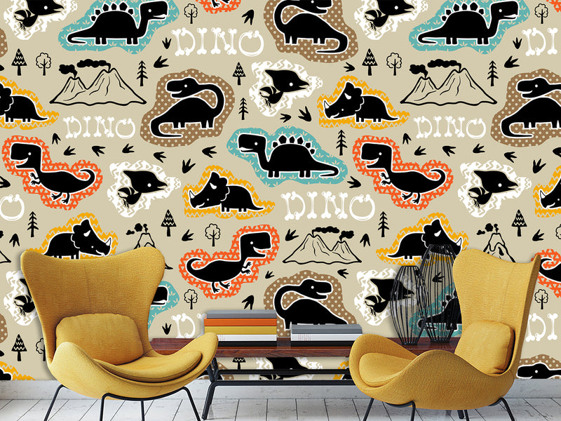 Dino Print Vinyl Peel and Stick Mural For Teen Room, Statement Wall In Office Or Workout Zone "Various Dinosaurs"