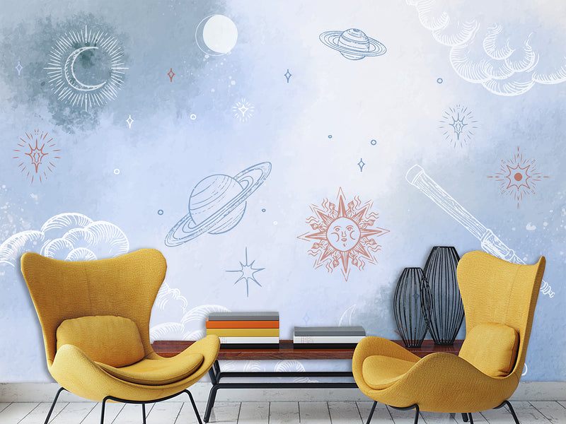 Self-Adhesive Wallpaper Made from Eco-Friendly Materials for Bedroom, Living Room, and Kids' Room “Planets, Moon, and Sun in the Clouds”
