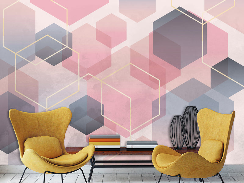 Abstract Modern Non-Woven Wall Mural 'Pink Honeycombs', Decor for Office, Bedroom, Living Room