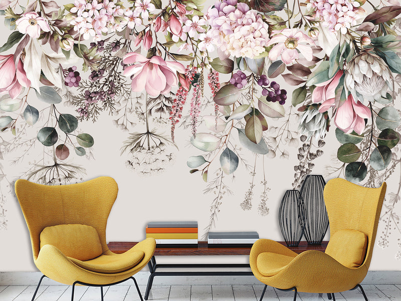 Floral Print Non-Woven Wallpaper – "Delicate Pink and White Flowers", Stylish Wall Mural for Home Interior