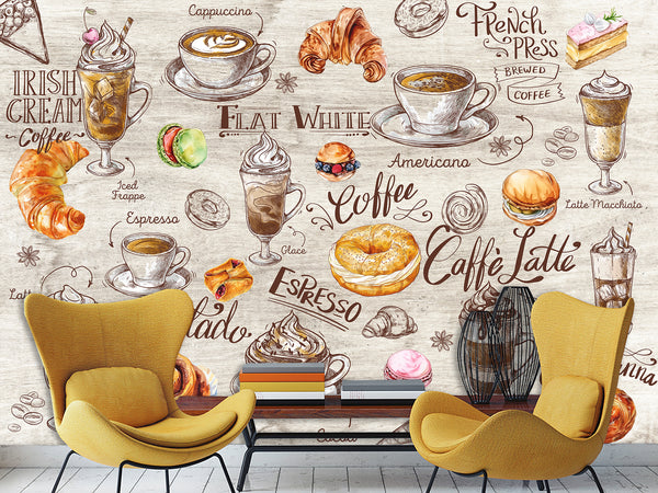 Modern Non-Woven Mural Wallpaper, Vibrant Full-Wall Mural for Kitchen or Café Decor “Coffee and Dessert”