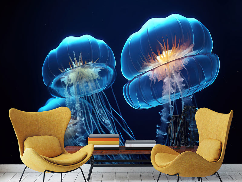 Sea Print Vinyl Wallpaper Peel and Stick – Unique Design Mural "Jellyfish", Wall Mural for Office or Living Room
