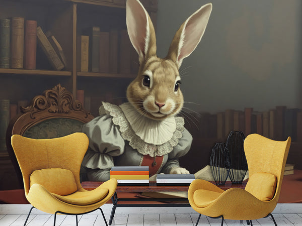 Wall mural Peel and Stick vinyl “Rabbit with a book”, vintage home decor