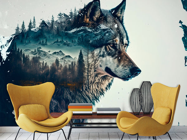 Peel and Stick Double Exposure Wolf and Forest – Wall Decor for Bedroom, Living Room, or Office