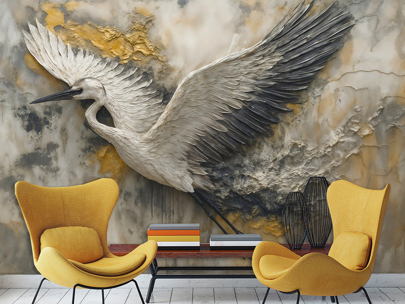 Non-Woven Wallpaper with Art Print "Flight of the Stork" — Artistic Wall Mural for Home Interior