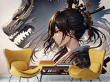 Traditional Anime-Style Wall Mural – "Samurai Girl" for Office or Living Room, Non-Woven Wallpaper