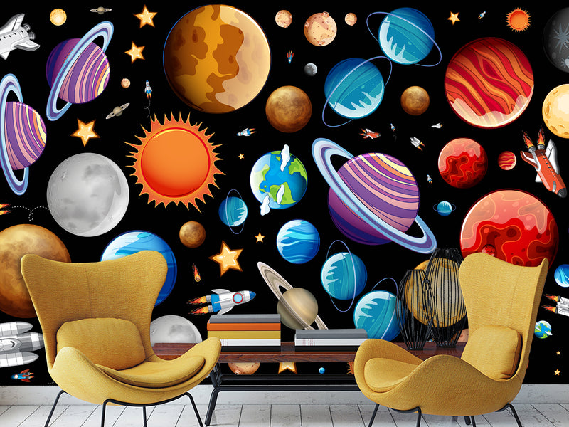Self-Adhesive Full-Wall Wallpaper, In-House Production — Wall Mural For Living Room Or Kids’ Room “Vibrant Planets”.