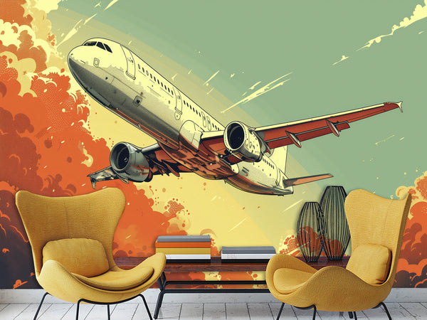 Self-Adhesive Wallpaper Art Design For Living Room, Office Full Wall "Red Clouds, Fast Wings of the Aircraft"