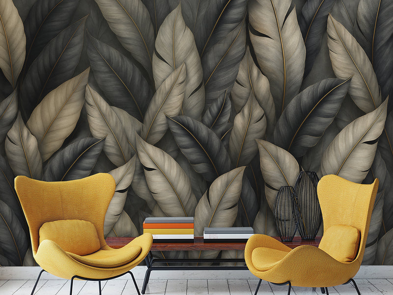 Natural Print Vinyl Wallpaper Peel and Stick For Living Room, Bedroom "Dark Chic: Abstract Leaves"