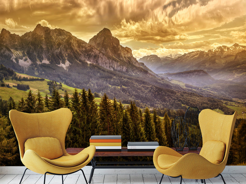 Traditional Full Wall Mural for Lounge or Bedroom – Mountains, Valleys, and Forest Landscape
