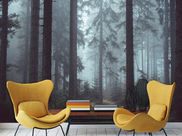 Stylish Wallpaper with Natural Print, Wall Mural for Home 'Forest in the Mist', Non-Woven Wall Mural with Design